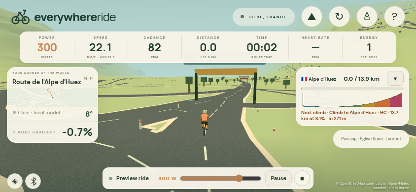 Actual EverywhereRide preview showing a cyclist on the road to Alpe d’Huez, with live power, speed and a climb profile.